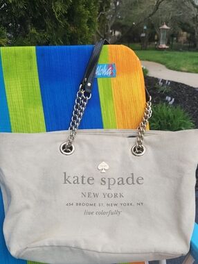 ✨️kate spade Beige Canvas Tote with Gold Chain Handles
